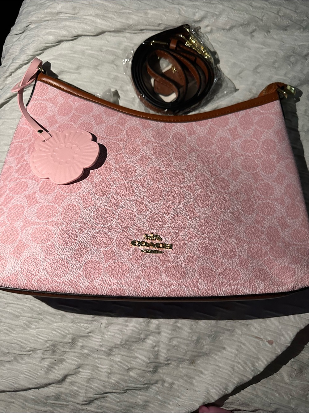Coach Pink Signature Canvas Shoulder Bag with Flower Charm and Brown Trim. - Picture 2 of 3